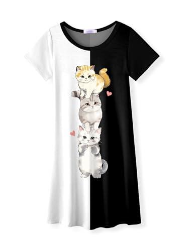 Arshiner Pijama para Niñas Camisón de Manga Corta Color Blanco Y Negro con Diseño de Gato Ropa de Dormir Bonita Talla 140/9-10 Años