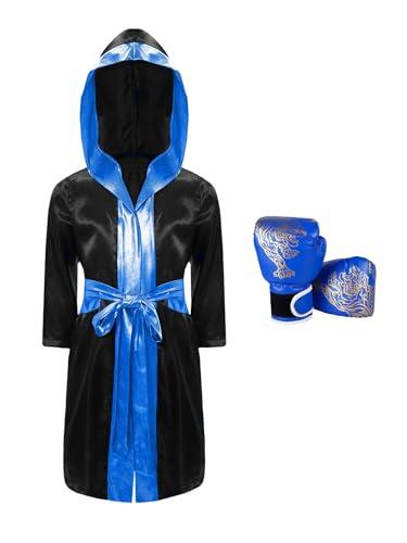 LiiYii conjunto de Marciales niño niño Albornoz con capucha y guantes de boxeo traje de ropa de Muay Thai Combat, Negro y azul, 13-14 Años