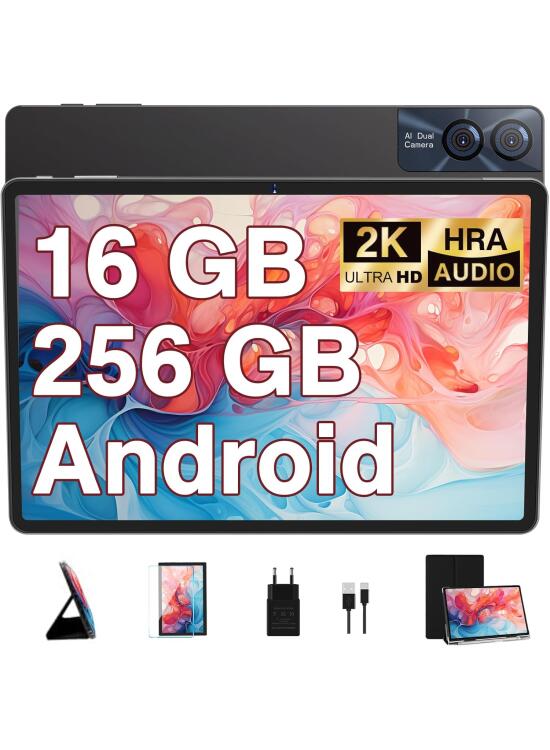 GOODTEL 2026 Tablet 11 Pulgadas Android【16 GB RAM + 256 GB ROM 】 Ampliable a 2TB, BT 5.0, 8600mAh,2K,Facciale ID,WiFi 5G Octa-Core, GPS, Cámara 13MP + 5 MP, USB-C–con Funda – Gris