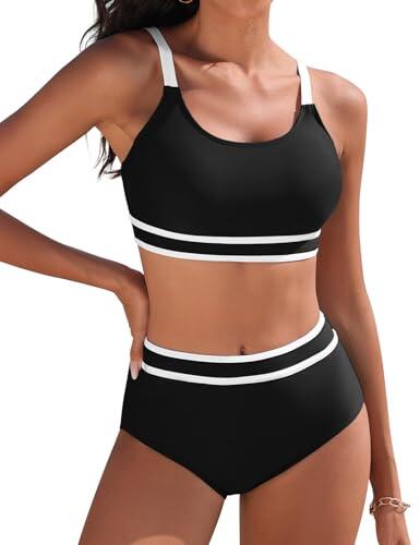 Yuson Girl Traje de Baño para Mujer Conjunto Bikini Push Up de Rayas Deportivo Cintura Alta con Secado Rapido Control de Vientre Bañador Reductor Dos Piezas