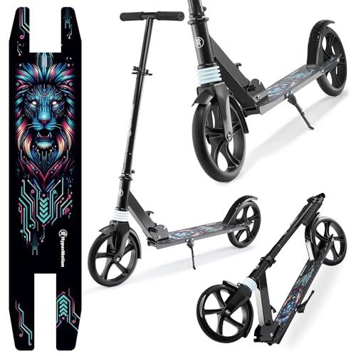 HyperMotion Patinete de Doble Rueda para jóvenes y Adultos, con Amortiguador, hasta 100 kg, Manillar Ajustable 85-95 cm, Cubierta Antideslizante, Estable, rodamientos ABEC-7, Plegable, león Digital
