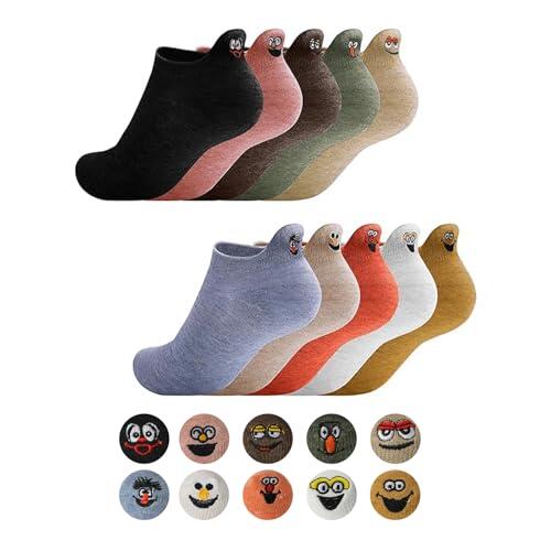 HAGOT 10 Pares Calcetines Tobilleros Mujer - Unisexo Divertidos y Graciosos Cortos Con Sonrisa, Dibujos Animados Bordados, 36-42 EU
