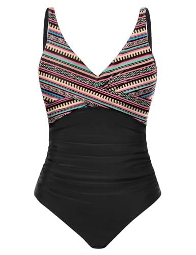 Tuopuda Bañadores Mujer Reductor Barriga Bañador Push up con Relleno V-Cuello Trajes de Baño Una Pieza Monokini Bañador Natacion Surf Swimwear para Playa Piscina Vacaciones, Negro-A, XL