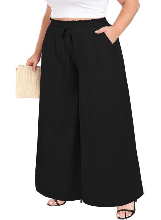 Moon Wood Pantalones Anchos Mujer Verano Talla Grande Pantalon Palazzo Mujer Comodos Cintura Alta Elástico Pantalon Casuales con Bolsillos