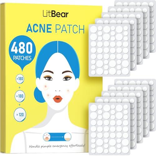 LitBear Paquete de 480 parches para el acné en 3 tamaños, hidrocoloide para el acné, para cubrir espinillas, manchas y acné, adecuados para todos los tipos de piel
