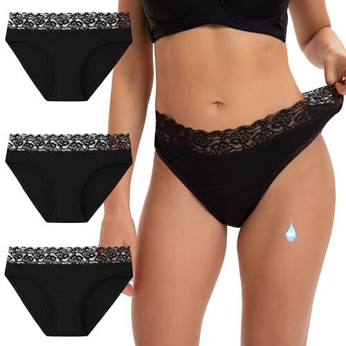 INNERSY Bragas Menstruales Negras Encaje Braguitas Menstrual Algodon Flujo Medio Cintura Media 3 Pack (XS, 3 Negro)