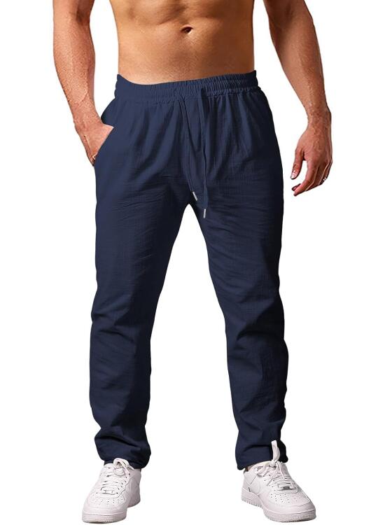 Voqeen Pantalones Lino para Hombre Colores Sólidos Pantalones de Playa Sueltos Ligeros Cordón Jogger Pantalones de Yoga con Bolsillos Uso Diario