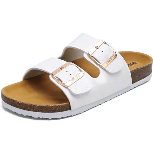 ONCAI Sandalias de Pala Mujer con Ajustable Buckle Corcho Zapatillas de Moda de Verano Mules Planas Zuecos Flores Blanco Tamaño 41