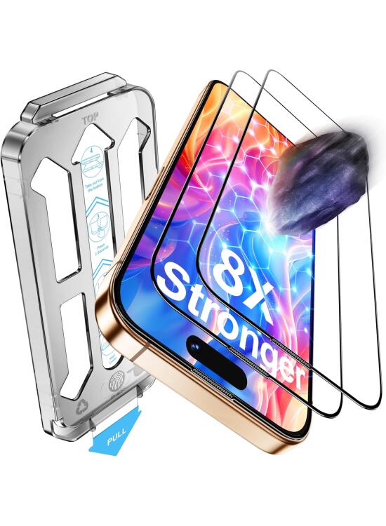 Tentoki Protector Pantalla para iPhone 16 Pro /17 (6,3 "), Cristal Templado de 8 Veces más Fuerte [Refuerzo Secundario] [Una Instalación Rápida] [Sin Burbujas] [Alineación Automática] [2 Piezas]