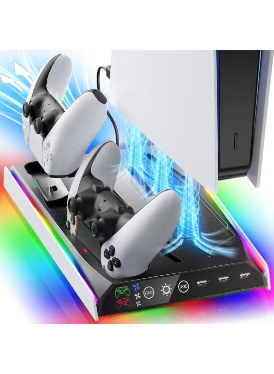 Soporte Delgado para PS5/PS5 con Ventilador de Refrigeración Ajustable, Soporte de Cargador de Refrigeración Vertical PS5 para PS5/PS5 Slim, Estación de Refrigeración Delgada Multifuncional