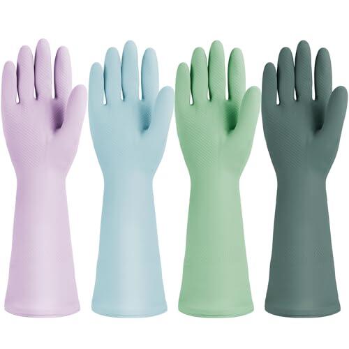 Jsocoah 4 pares de guantes de goma para lavar platos, reutilizables, impermeables, de látex, antideslizantes, flexibles para lavar platos, cocina y baño