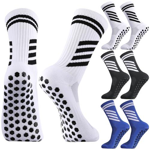 ViEinkaufen 3 pares de calcetines de fútbol para niños, transpirables, antideslizantes, atléticos, para niños, jóvenes, deportes, fútbol, baloncesto, rugby, tenis, negro, blanco y azul, 9-12 años