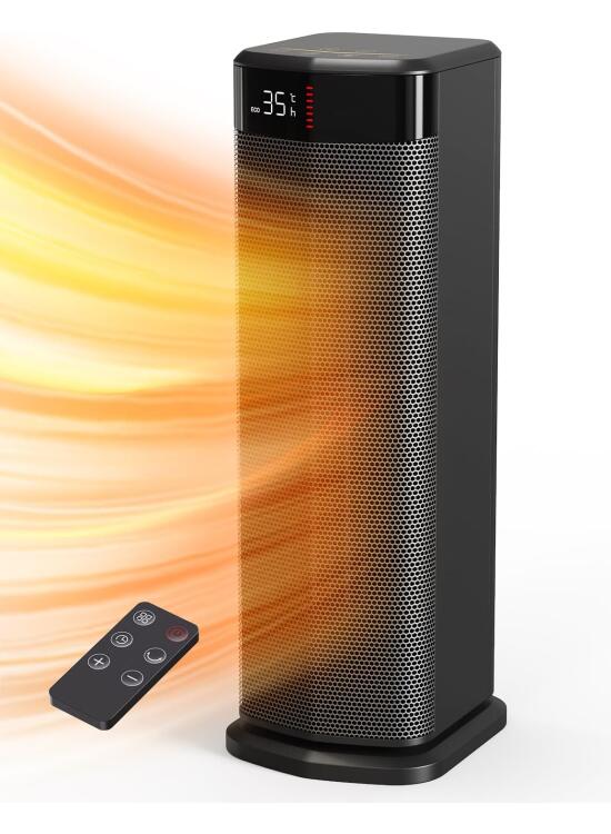 Calefactor Bajo Consumo, 2000W PTC Calefactor, 4 Modos, Modo ECO, Termostato, 90° Oscilación, Temporizador 24H, Control Remoto, Protección contra Vuelcos y Sobrecalentamiento para Interiores