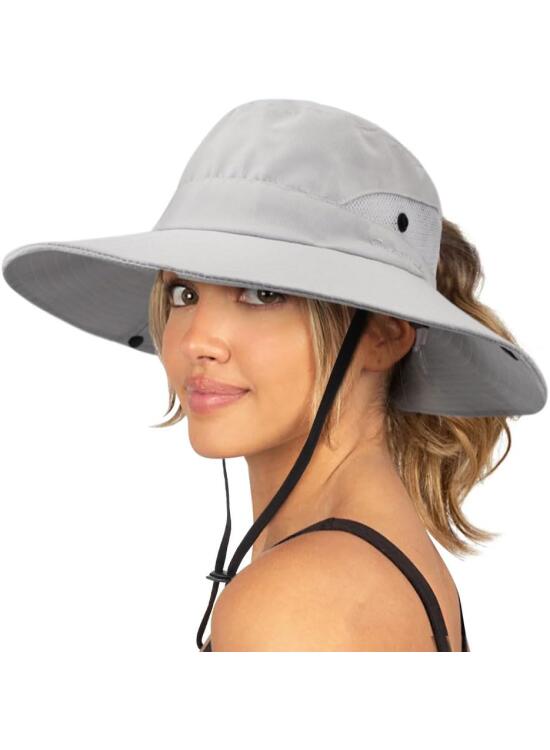 DRESHOW Mujer Sol Sombrero Al aire Libre UV Protección Sombrero Plegable Ala Ancha Pesca Ponytail Playa Bucket Sombreros