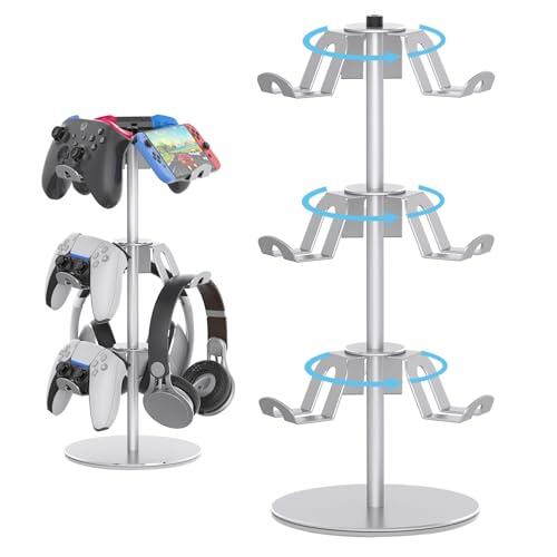 DGPCT Soporte de controlador compatible con Xbox PS5 PS4 Nintendo Switch, soporte de aluminio para auriculares de 3 niveles, organizador giratorio para controlador de auriculares, universal y de gran