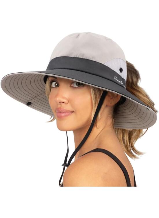 DRESHOW Mujer Sol Sombrero Al aire Libre UV Protección Sombrero Plegable Ala Ancha Pesca Ponytail Playa Bucket Sombreros
