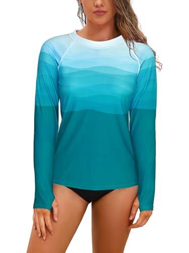 SHEKINI Traje de Baño de Manga Larga con Protección Solar para Mujer Camiseta de Surf con Estampado de Paisaje（M，GradienteJB）