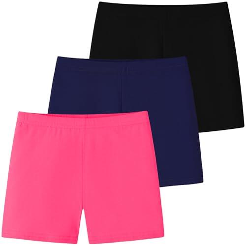 Domee Shorts Pantalones Cortos Leggings Deporte Verano Algodón Niñas 3 Pack, Fucsia Marino Negro 10-12 años (Talla del Fabricante: 150)
