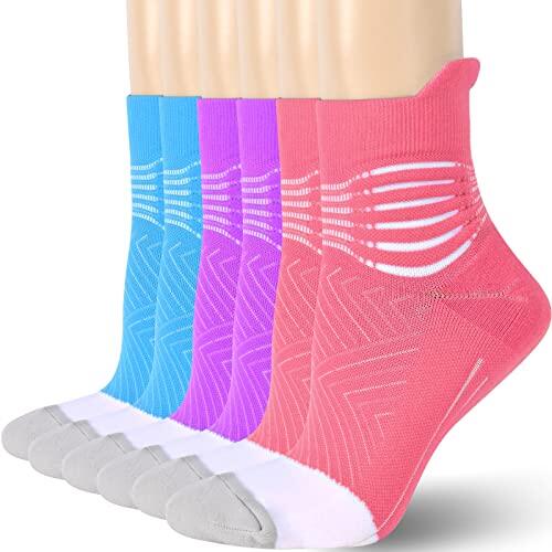 IRAMY Calcetines Compresion Mujer Tobillo Calcetines de Compresión Running Compression Socks Calcetines Deporte con Cusión para Plantar Fasciitis Pink+Purple+Light Blue M