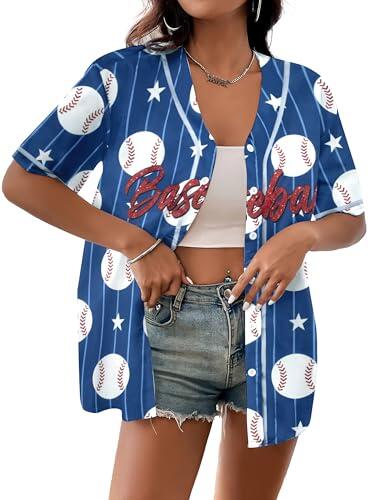 Camiseta de béisbol para mujer, camiseta de béisbol con botones y gráfico para el día del juego, camiseta de manga corta
