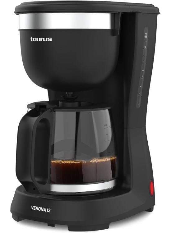 Taurus – Cafetera de Goteo Verona 12, 680W, Coffee, Capacidad 1,25L, 12 Tazas, Cafetera con Filtro Permanente Lavable, Boquilla Antigoteo, Sin BPA, Autoapagado, Compacto, Negro