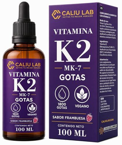 CALIU GUMMY | Gotas líquidas de Vitamina K2-100 ml - 25 mcg por gota (MK-7) - Fórmula sublingual con aceite MCT para huesos fuertes y salud cardiovascular - Apto para vegetarianos