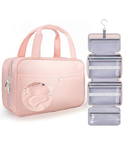 Chakipee Neceser de Via je Colgante para Mujer – Necessaire Impermeable con Ventana Transparente, Desplegable Compartimentos Bolsa de Aseo Ligera para Makeup, Champú y Artículos Rosa, Mediano