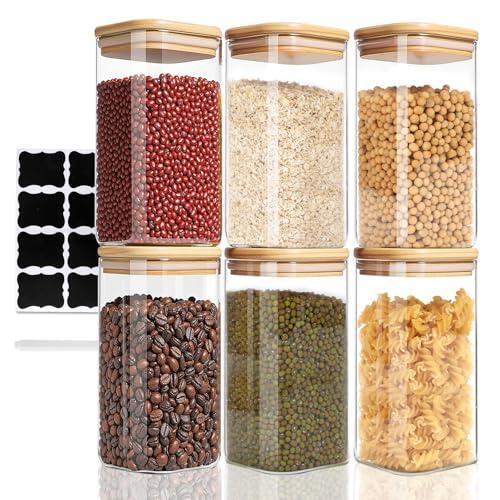FoiiLiio 750ml Tarros de Cristal, Hermético Juego de 6 Botes de Cristal con Tapa de Bambu, para Cereales Judías Avena - Φ8.0x15cm