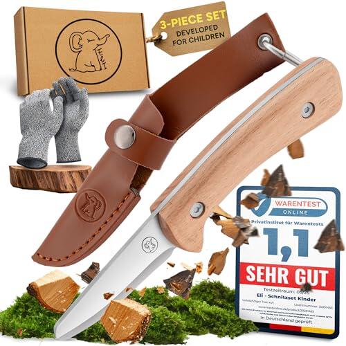 Eli® Cuchillo de talla para niños con funda de cuero a partir de 8 años – cuchillo infantil set de talla con guantes resistentes a cortes – cuchillo para tallar para niños – herramienta de talla