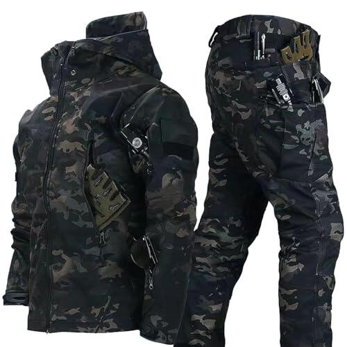 RVUEM Black Camo,L, Trajes Nieve para Snowboard 2 Piezas, Chaqueta Softshell para Hombre, Traje Combate Indumentaria Militar, Traje Esquí para Exteriores, Conjunto Chaqueta Y PantalóN TáCtico
