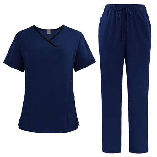 Meichoon Set de uniformes médicos para mujer con cuello en V, blusa y pantalón elastizado, cuatro bolsillos, suave absorción del sudor DK51Dark Blue L