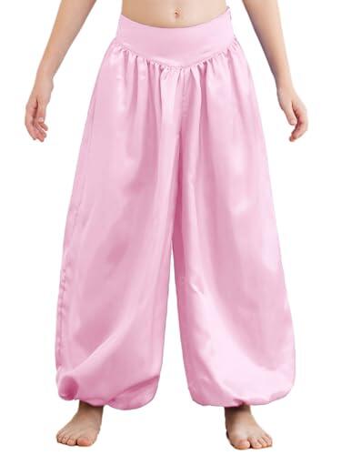 Xnihocha Pantalones árabes para niños y niñas, pantalones largos de yoga, pantalones largos de satén, pantalones bombachos, danza del vientre, disfraz, Rosa., 122-128