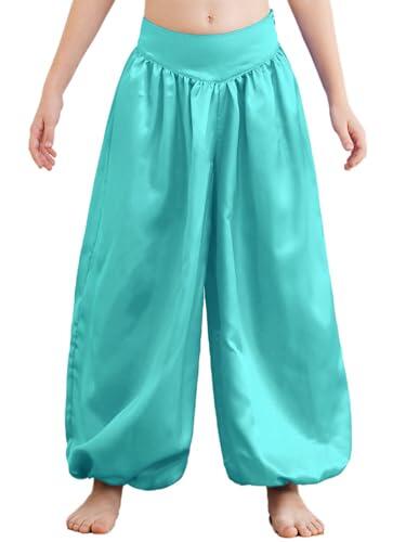 Xnihocha Pantalones árabes para niños y niñas, pantalones largos de yoga, pantalones largos de satén, pantalones bombachos, danza del vientre, disfraz, verde claro, 110-116