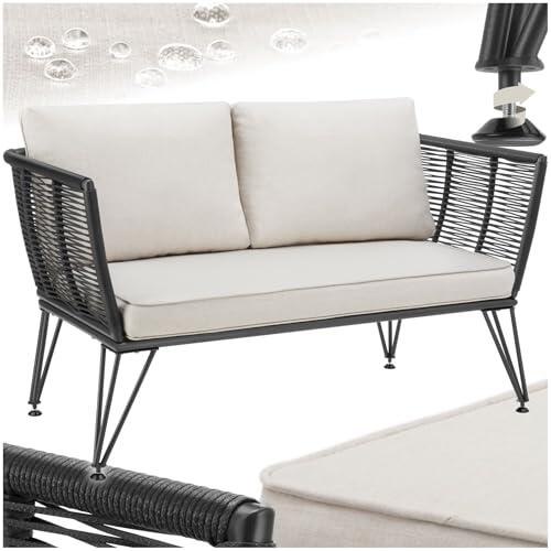 tectake® Sofa Exterior Jardin Diseño Cuerda, Cojín Asiento Extra Grueso 8 cm, Fundas Poliéster Extraíbles, Sillon Exterior Resistente Intemperie, Sofa Ratan, Muebles Terraza - 1 Sofá
