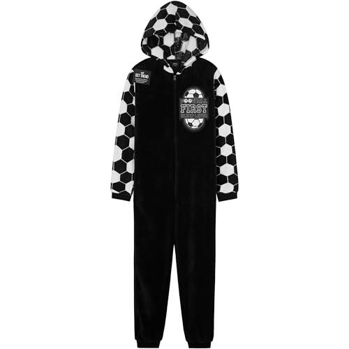 Get Trend Pijama Niño Entero Cremallera, Ropa de Dormir Adolescentes, Mono Cálido de Fútbol con Capucha, Ideas Regalo (7-8 Años, Negra/Blanco Fútbol)