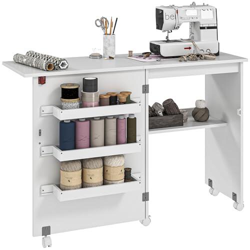 HOMCOM Mesa de Costura Plegable Mueble Costura Con Bandeja de Almacenamiento Estante Abierto y Ruedas Mueble para Máquinas de Coser, para Sala de Estar, Oficina Estudio, Dim. 118 x 40 x 79,5 cm,