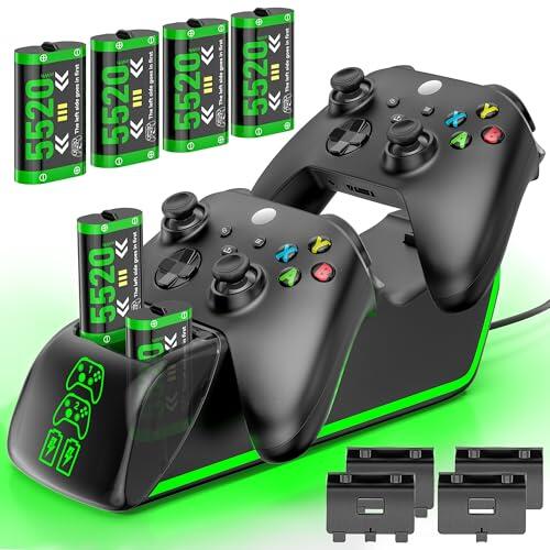 Base de Carga Mando Xbox con 4x5520mAh Batería Recargable, Cargador Mando Xbox One S|X/Elite, 9 RGB Cargador para Bateria Mandos X Box, Kit de Carga X Box Pilas