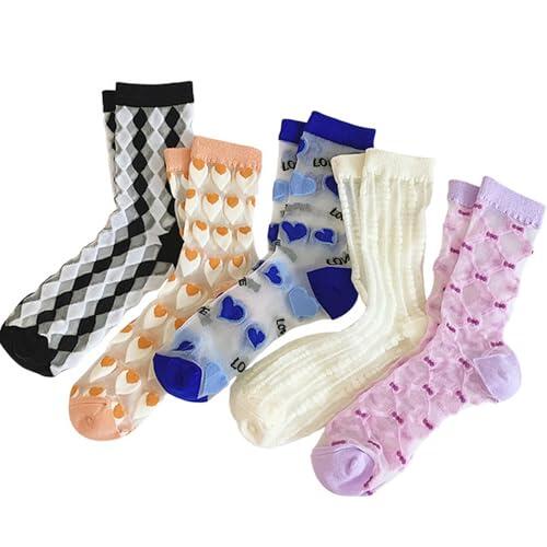 Calcetines transparentes para mujer, 5 pares de calcetines de malla delgada transparente, calcetines de tobillo jacquard vintage, calcetines de nylon elásticos para mujeres, calcetines de tobillo tra