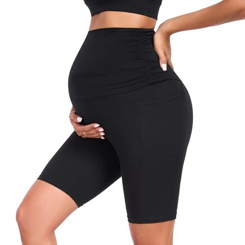 Jynnxa Mallas Premama Cortas con Bolsillos Leggins Premamá Cortos sobre el Vientre Ropa Premamá Verano Mujer Maternidad Pantalones Cortos