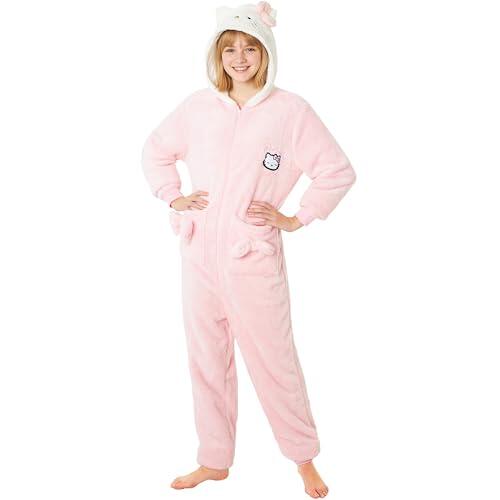 Hello Kitty Sanrio Pijama Entero Niña y Adolescente con Capucha, Pijama Una Pieza, Polar Ropa de Dormir, Regalos de Anime (11-12 Años, Rosa Hello Kitty)