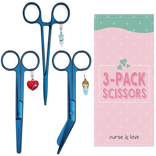 Nurse is Love Set 3uds Tijeras Enfermería Pico de Pato & Rectas Mayo + Herramienta de Sujeción | Tijeras Punta Roma Vendaje Accesorios Enfermera, Primeros Auxilios, Auxiliar de Enfermería Cromium Azul