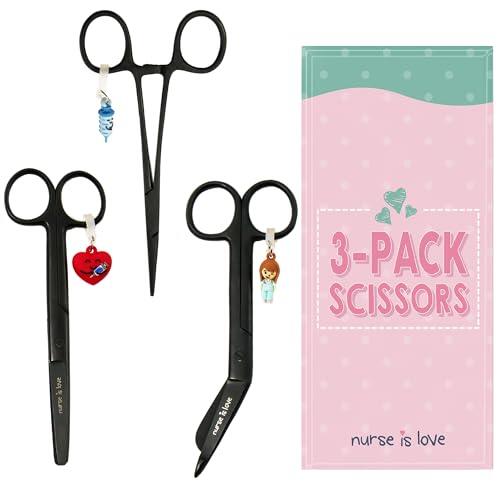 Nurse is Love Set 3uds Tijeras Enfermería Pico de Pato & Rectas Mayo + Herramienta de Sujeción | Tijeras Punta Roma Vendaje, Accesorios Enfermera, Primeros Auxilios, Auxiliar de Enfermería - Negro