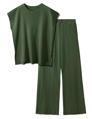UMIPUBO Conjuntos Punto Mujer Verano 2 Piezas Casual Chandal Manga Corta Camiseta de Manga Corta Y Pantalones con Bolsillos Cómodo Pijama Moda Chándal Color Sólido Primavera (Verde, XL)
