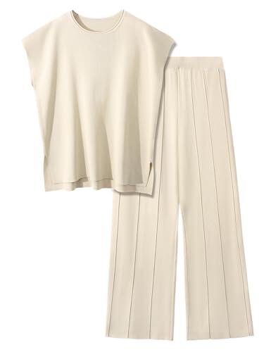 UMIPUBO Conjuntos Punto Mujer Verano 2 Piezas Casual Chandal Manga Corta Camiseta de Manga Corta Y Pantalones con Bolsillos Cómodo Pijama Moda Chándal Color Sólido Primavera (Albaricoque, L)