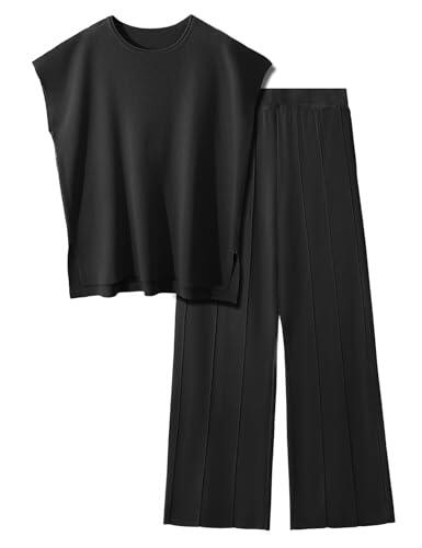 UMIPUBO Conjuntos Punto Mujer Verano 2 Piezas Casual Chandal Manga Corta Camiseta de Manga Corta Y Pantalones con Bolsillos Cómodo Pijama Moda Chándal Color Sólido Primavera (Negro, L)