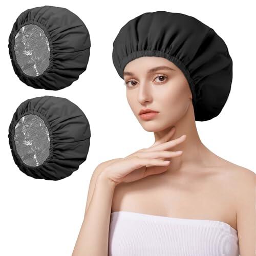 AOGOE 2 PCS Gorro Ducha Aislamiento térmico, Doble Gorro Tratamiento Cabello, Gorro de Ducha, Reutilizable Gorro peluquería para Cabello de Tratamientos, Hidratación, Teñir el Cabello, Duchas (Negro)
