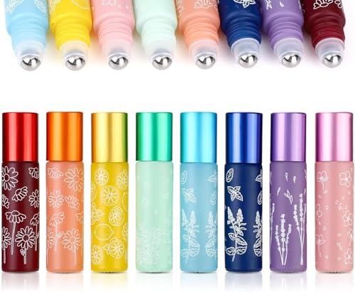 Parfumlism Frascos Roll-On 10ml (8 Piezas) con Bola de Acero Inoxidable, Recargables, para Aceites Esenciales, Perfume y Aceite para Labios – Frascos de Vidrio Coloridos (10ml Color)