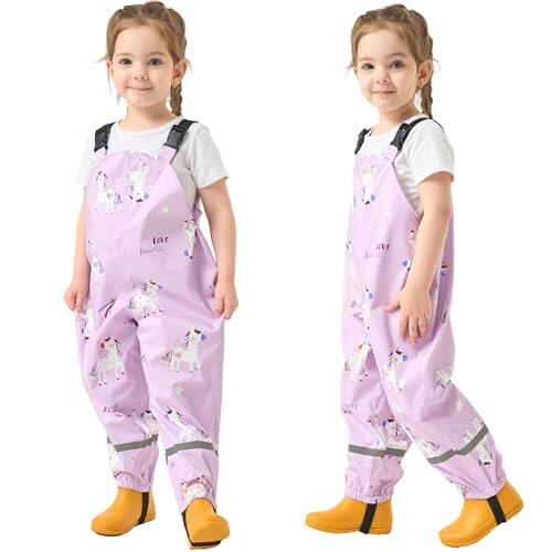 Fewlby Pantalon Impermeable Niñas, Pantalones Barro Peto de Lluvia Niños Mono Impermeable con Tiras Reflectantes Chubasquero Outdoor Traje Impermeable, 2-3 Años