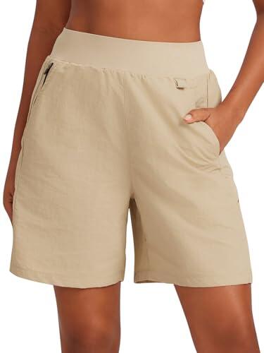 VUTRU Pantalones cortos de deporte para mujer, de cintura alta, para verano, UPF50+, para senderismo, camping, deportes, fitness, correr, caqui, L