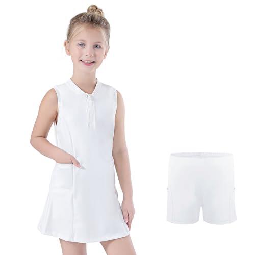Bezioner Vestido Tenis Niñas Cremallera Vestidos Deportivos con Pantalones Cortos Bolsillos Vestidos Padel Línea A Ropa Golf Blanco 130